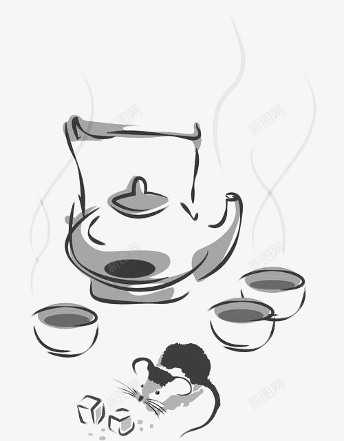 手绘水墨煮茶png免抠素材_新图网 https://ixintu.com 中国风 水墨画 灰色 煮茶 煮茶茶具 茶具