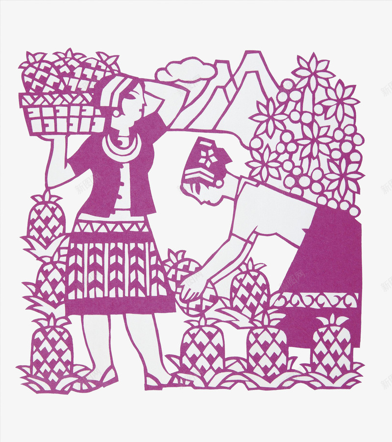摘菠萝的姑娘png免抠素材_新图网 https://ixintu.com 丰收 人物 剪纸 女子 果实 紫色 菠萝 装饰