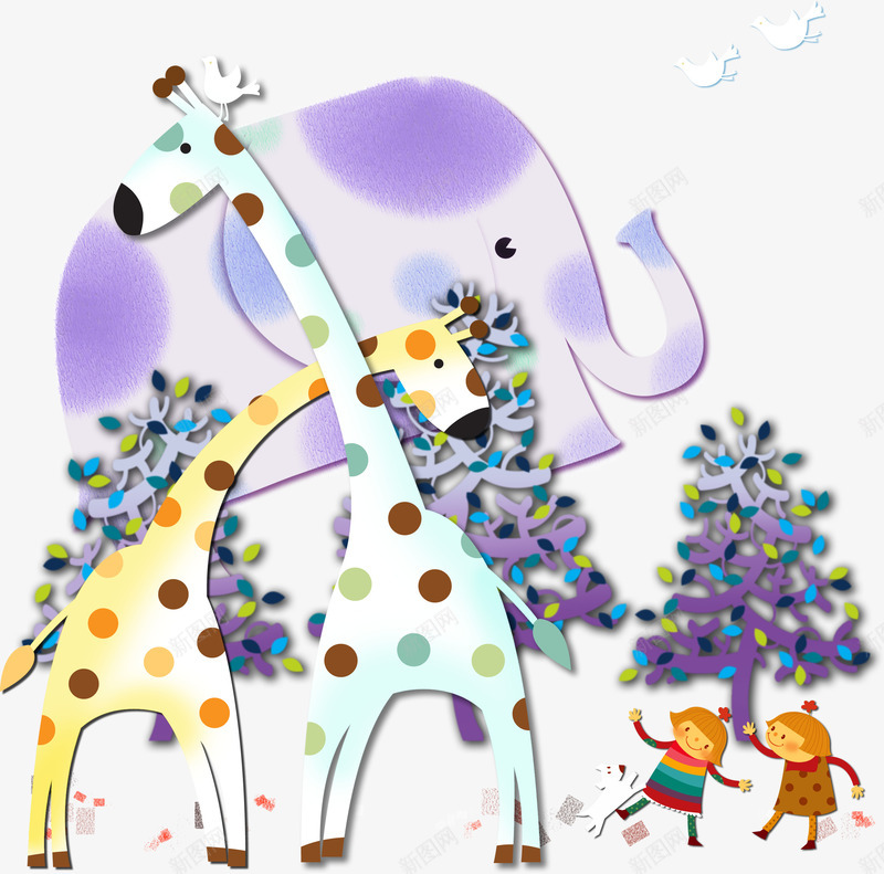 卡通长颈鹿与大象png免抠素材_新图网 https://ixintu.com 人物 动物 卡通人物 卡通大象 卡通长颈鹿 大象 小树 长颈鹿