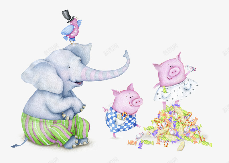 卡通动物png免抠素材_新图网 https://ixintu.com 可爱猪 手绘大象 手绘猪 水彩动物 粉色猪