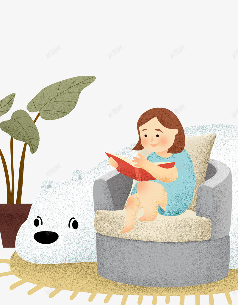 卡通手绘坐在沙发上看书的女psd免抠素材_新图网 https://ixintu.com 上看书的女孩 免抠卡通手绘坐在沙发上看书的女孩免费下载 免抠女孩 卡通 坐在沙发 手绘 植物装饰 灰色的沙发