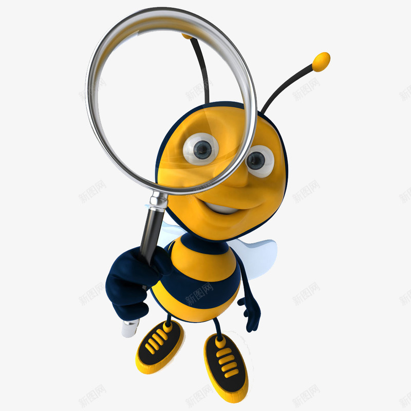 放大镜蜜蜂png免抠素材_新图网 https://ixintu.com 3D 创意 动物 卡通 小蜜蜂 放大镜 立体 黄色