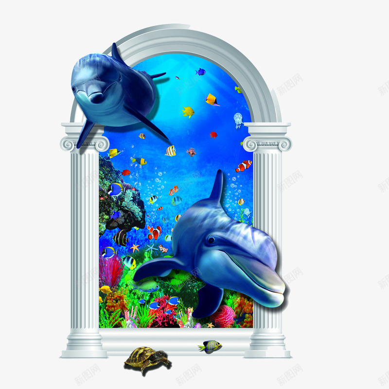 3D背景墙png免抠素材_新图网 https://ixintu.com 3D背景墙 海底世界 海豚 蓝色