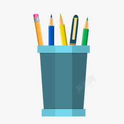 蓝色笔筒灰蓝色笔筒中的铅笔和圆珠笔矢量图高清图片