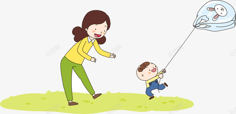 妈妈好儿子psd免抠素材_新图网 https://ixintu.com 创意 卡通 妈妈和儿子放风筝 手绘