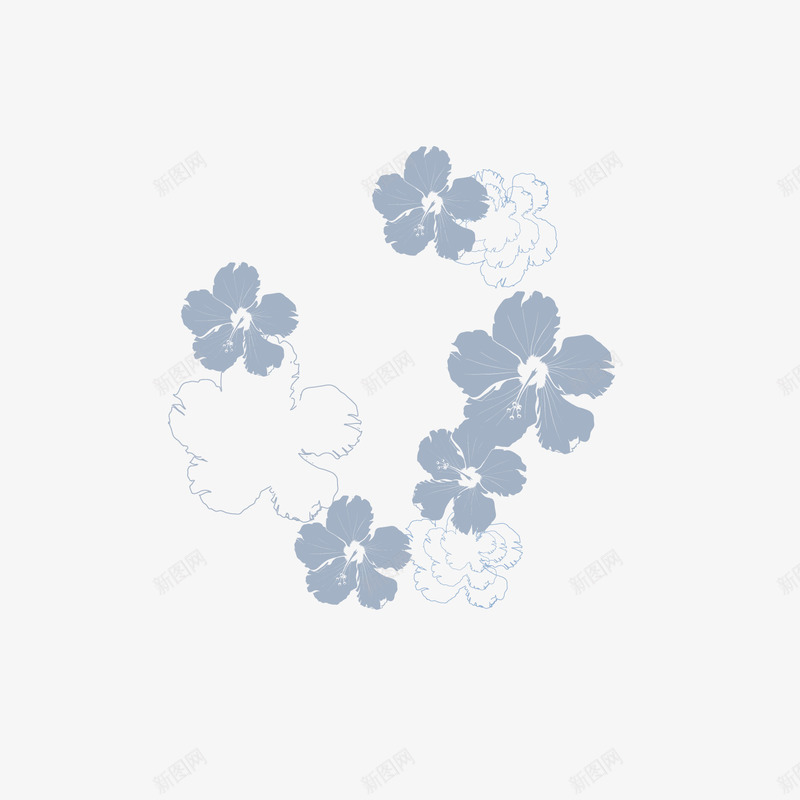 蓝色花朵线性png免抠素材_新图网 https://ixintu.com 单色 描边 灰色 线型花纹 蓝色