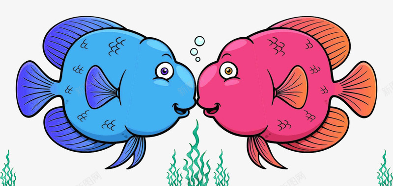 蓝色红色的亲嘴鱼psd免抠素材_新图网 https://ixintu.com 亲嘴鱼 动物 卡通特写 可爱鱼 泡泡 珊瑚 红色 蓝色