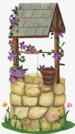 紫色小房子卡通手绘水井高清图片