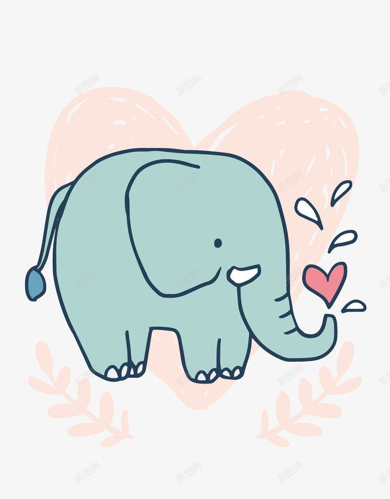 手绘大象png免抠素材_新图网 https://ixintu.com 手绘动物 红色心形 绿色大象 背景装饰