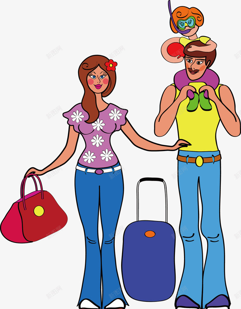 外出旅游的一家人png免抠素材_新图网 https://ixintu.com 卡通人物 奶爸 妈妈 行李箱