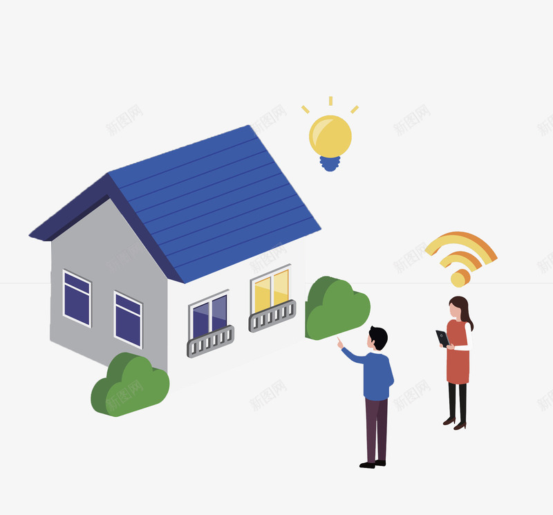 手绘房子png免抠素材_新图网 https://ixintu.com WiFi 信号 卡通 房子 手绘 水彩 灯泡 蓝色