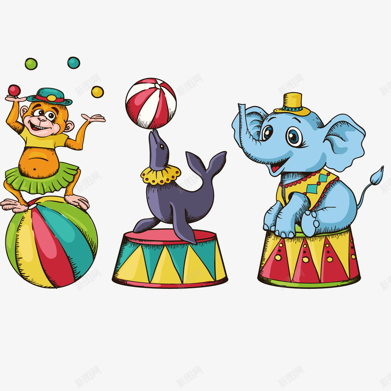 卡通马戏团动物png免抠素材_新图网 https://ixintu.com 动物 大象 猴子 表演 马戏团
