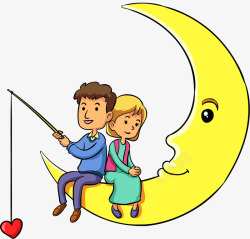 钓竿黄色卡通月亮情侣高清图片