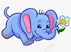 叼花的棕熊卡通手绘蓝色可爱大象叼花高清图片