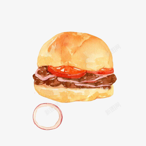 牛肉汉堡手绘画片png免抠素材_新图网 https://ixintu.com 手绘美食 汉堡 洋葱圈 牛肉