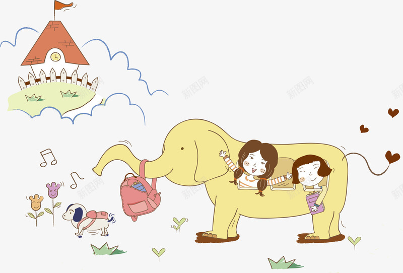 大象与卡通儿童png免抠素材_新图网 https://ixintu.com 书包 人物插画 儿童插画 卡通人物 卡通儿童 卡通插画 大象 矢量人物
