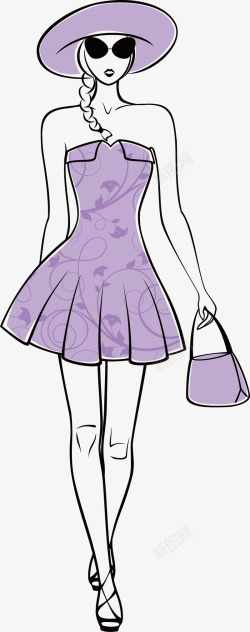 女装真丝紫色真丝连衣裙手绘图高清图片