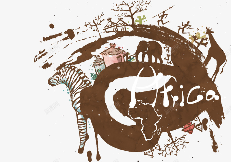 Afica插画png免抠素材_新图网 https://ixintu.com 大象 插画 斑马 棕色 非洲