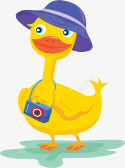 鸭子戴相机卡通形象戴蓝色帽子的观光者鸭子高清图片