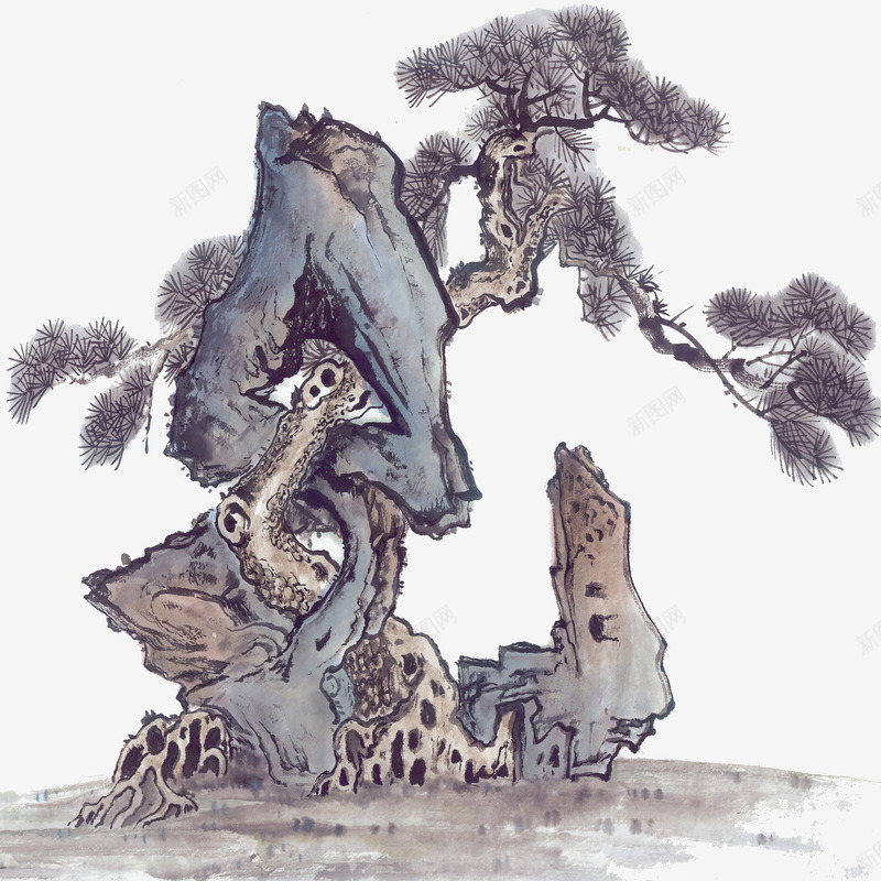 松树png免抠素材_新图网 https://ixintu.com 中国风 景观树 松树 灰色 石头 绿松树