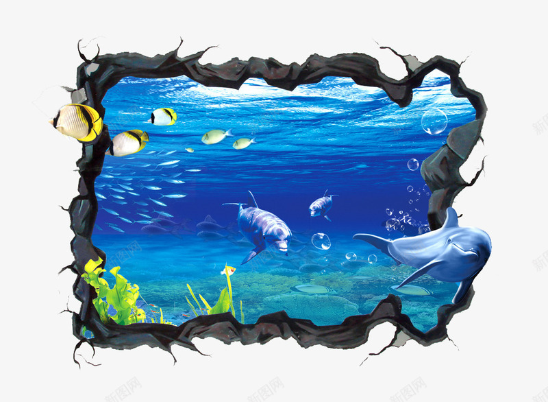 蓝色海洋png免抠素材_新图网 https://ixintu.com 3d 3d墙 海洋 画 设计 鱼