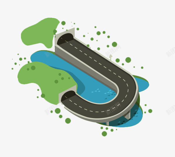 建在河流上的公路png免抠素材_新图网 https://ixintu.com 3D效果 卡通 蓝色河流 隧道 马路