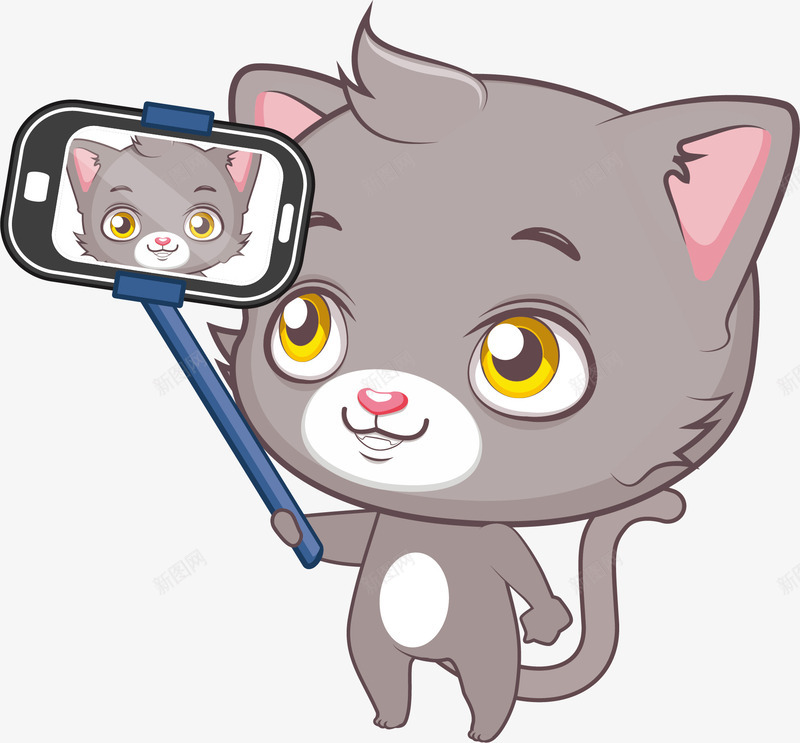 在自拍的可爱小猫png免抠素材_新图网 https://ixintu.com 灰色小猫 自拍小猫 自拍杆 自拍海报 自拍照