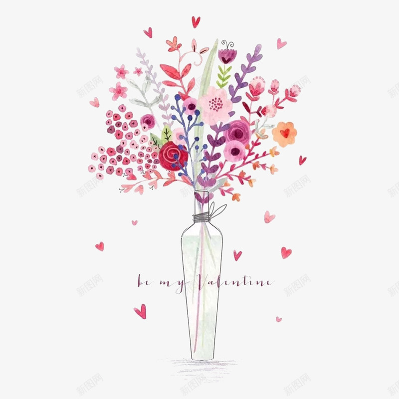 装饰插花花束png免抠素材_新图网 https://ixintu.com 卡通 手绘 简图 紫色的 红色的 花朵 花束 花瓶 装饰