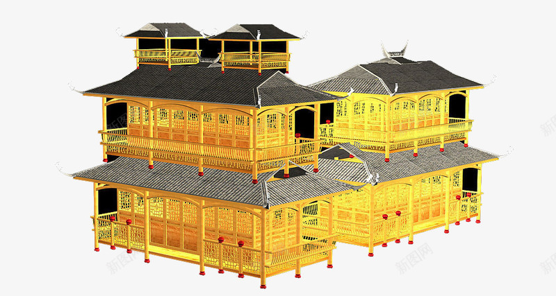 土家族吊脚楼png免抠素材_新图网 https://ixintu.com 土家族 少数民族 建筑 特色 金色