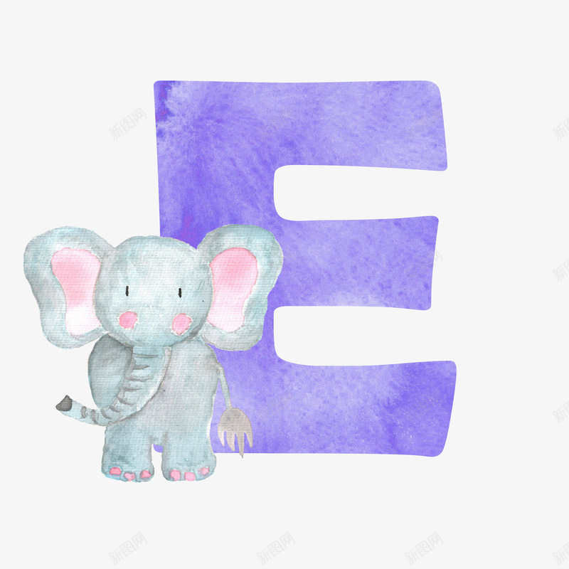 卡通手绘大象与字母png免抠素材_新图网 https://ixintu.com 创意 动漫动画 卡通手绘 灰色的大象 看图识字卡，看图识字 简约 紫色字母E