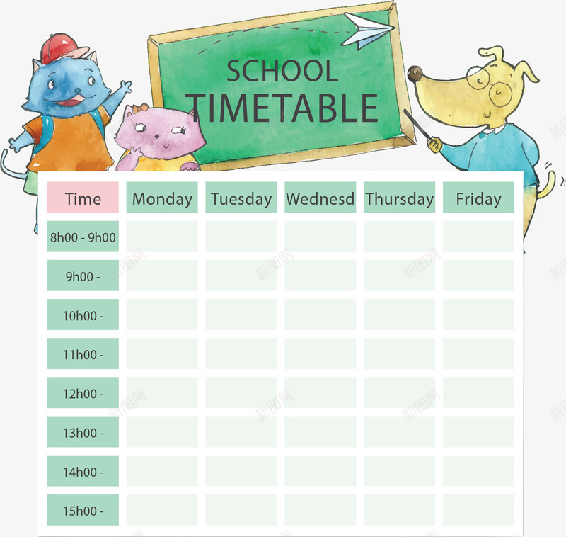 卡通手绘动物课表矢量图ai免抠素材_新图网 https://ixintu.com 动物课表 卡通课表 开学季 开学课表 矢量png 课表 矢量图