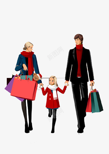 手绘爸爸妈妈带女儿购物png免抠素材_新图网 https://ixintu.com 亲爱的爸爸妈妈 围巾 小女孩 袋子 购物袋