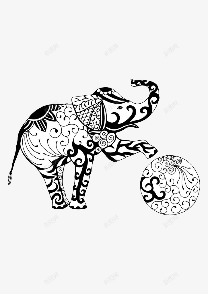 素描大象png免抠素材_新图网 https://ixintu.com 动物 卷曲 大象 手绘 素描 绣球 花纹 长鼻子 黑白