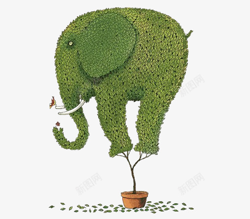 卡通绿色大象png免抠素材_新图网 https://ixintu.com 动物 卡通 叶子 大象 植物 绿色 花盆