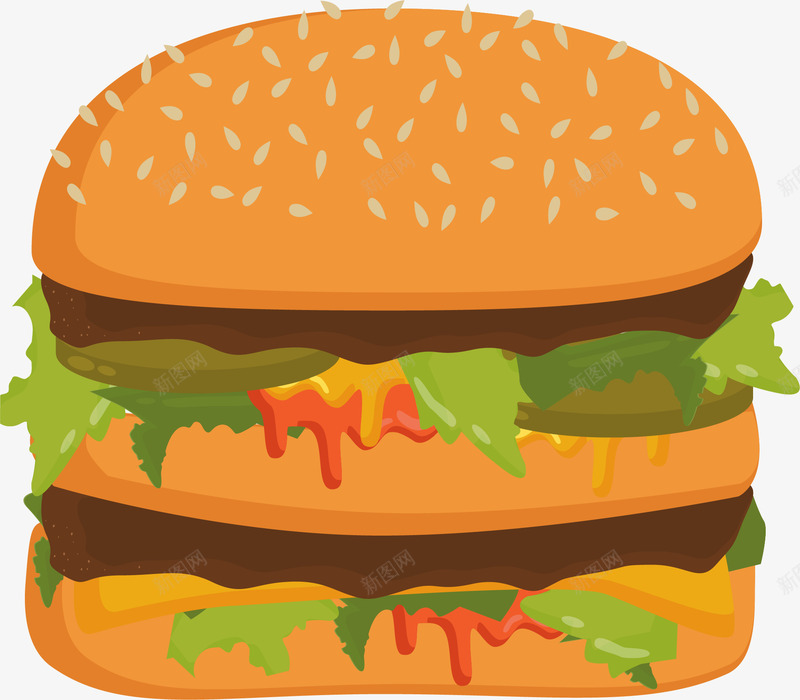 扁平化双层汉堡包png免抠素材_新图网 https://ixintu.com 双层汉堡 汉堡包 牛肉汉堡 矢量素材 芝麻面包
