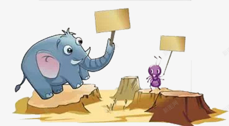 卡通大象与蚂蚁举牌树木砍伐元素png免抠素材_新图网 https://ixintu.com 儿童 卡通大象 大象 宣传 砍伐树木 蚂蚁