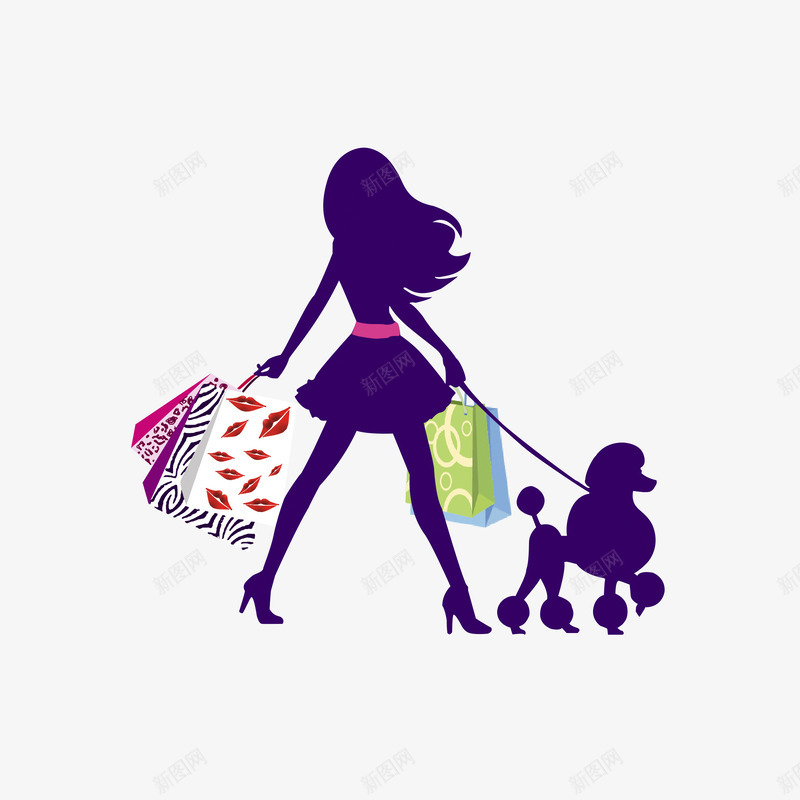 购物的女生psd免抠素材_新图网 https://ixintu.com 剪影 牵狗的女生 紫色 购物的女生