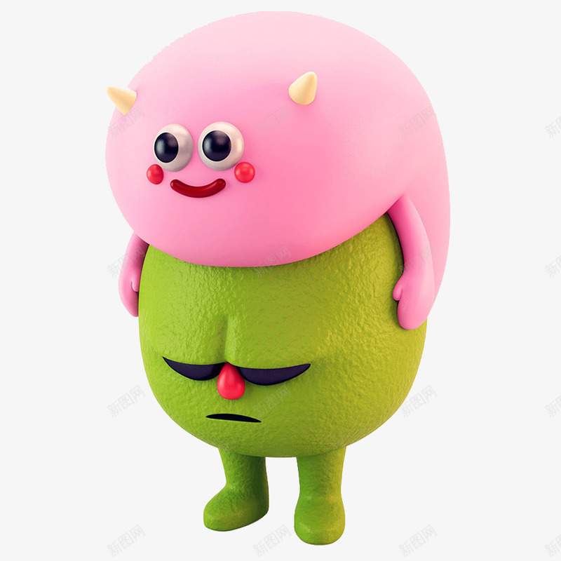 两个立体的小怪兽png免抠素材_新图网 https://ixintu.com 3D 三维 动物 卡通 可爱 小怪兽 立体 粉色 绿色