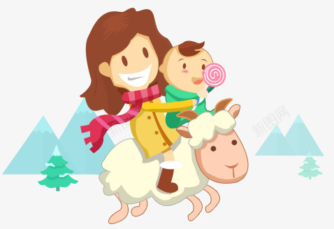 亲子活动png免抠素材_新图网 https://ixintu.com 卡通 妈妈 孩子 小羊 棒棒糖 骑小羊