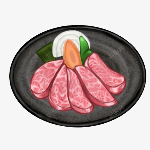 牛肉片手绘画片png免抠素材_新图网 https://ixintu.com 手绘美食 牛肉 牛腱肉 红色 肉片 黑色盘子