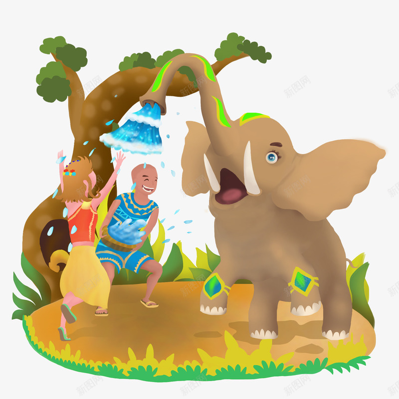 与大象玩耍手绘元素png免抠素材_新图网 https://ixintu.com 元素 大象 水 玩