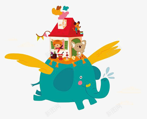 飞天小象png免抠素材_新图网 https://ixintu.com 动物 卡通 大象 房子 手绘 插画 梦幻 童话