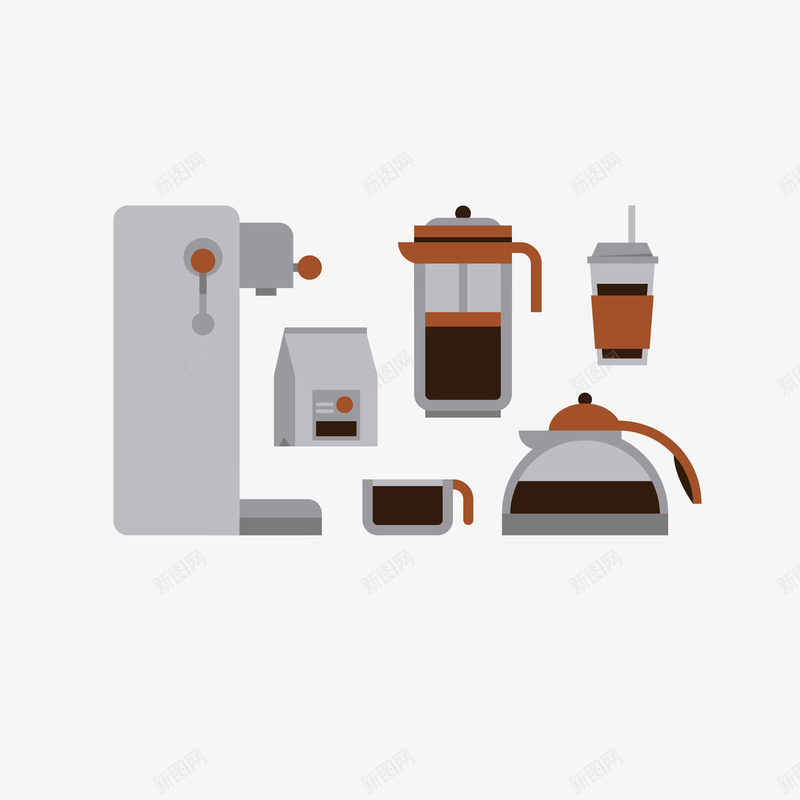 灰色扁平化咖啡器具矢量图ai免抠素材_新图网 https://ixintu.com 咖啡 咖啡包装 咖啡器具 咖啡机 咖啡杯 意式浓缩咖啡机 法压壶 灰色 简洁 简约 矢量图