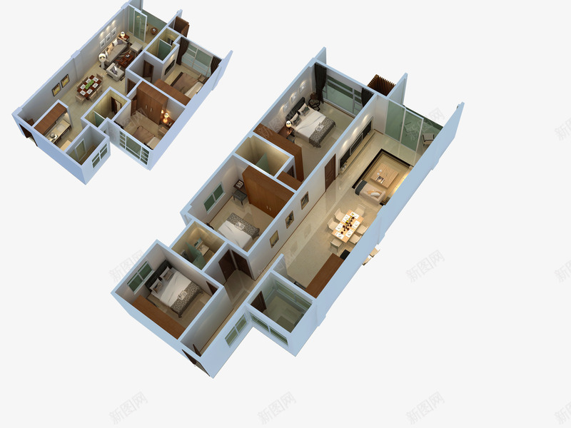 3D立体户型图psd免抠素材_新图网 https://ixintu.com 3D 卧室 客厅 家居户型图 户型图 立体