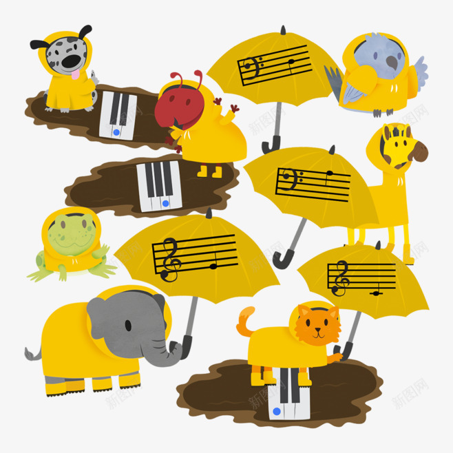 穿雨披的小动物们png免抠素材_新图网 https://ixintu.com 下雨 乐谱 大象 钢琴键 黄色