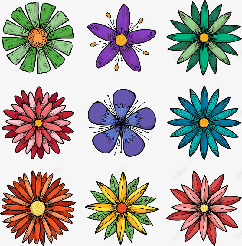 9款手绘花朵矢量图ai免抠素材_新图网 https://ixintu.com 彩色 手绘 热带植物 紫色的花 红色的花 花朵 蓝色的花 矢量图