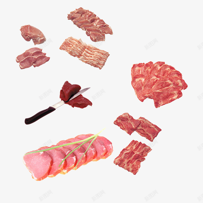 切成片的猪肉和牛肉png免抠素材_新图网 https://ixintu.com 小刀 红色 肉食 脂肪 香葱
