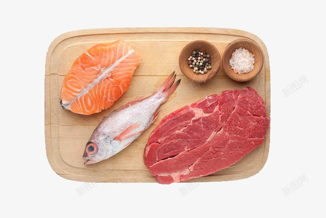 木板上的食材png免抠素材_新图网 https://ixintu.com 三文鱼 牛肉 食材 食物 鱼
