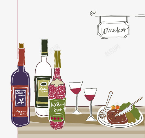 餐桌上的酒和美食png免抠素材_新图网 https://ixintu.com 叉子 杯子 漫画 牛肉 绘画 酒