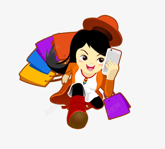 拿着手机的女人png免抠素材_新图网 https://ixintu.com 卡通人物 卡通女人 卡通帽子 卡通手机 卡通购物袋 紫色 红色 黄色 黑色